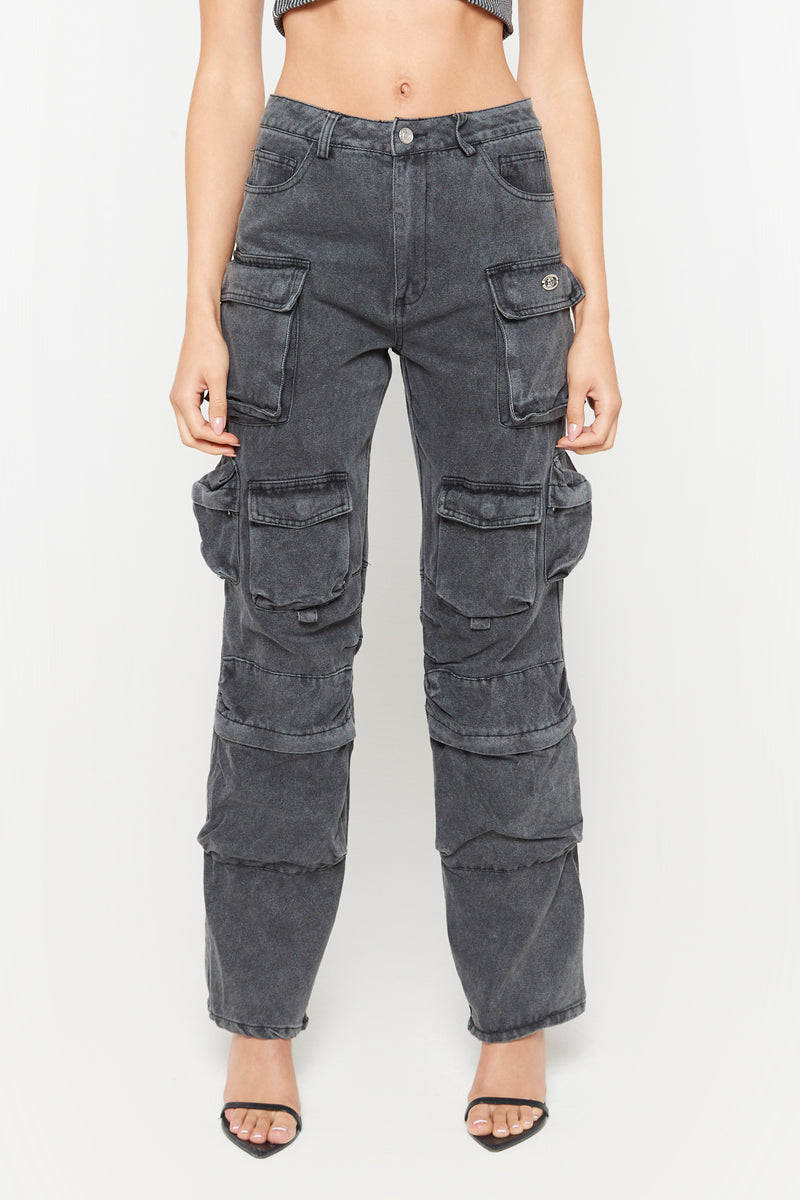 Black Denim Oversized Cargo Pocket Jeans