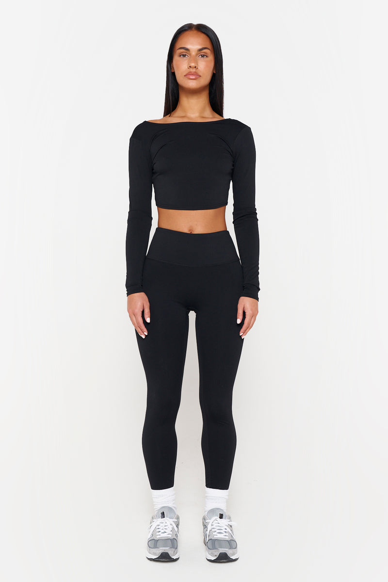 Black Recycled Open Back Long Sleeve Top