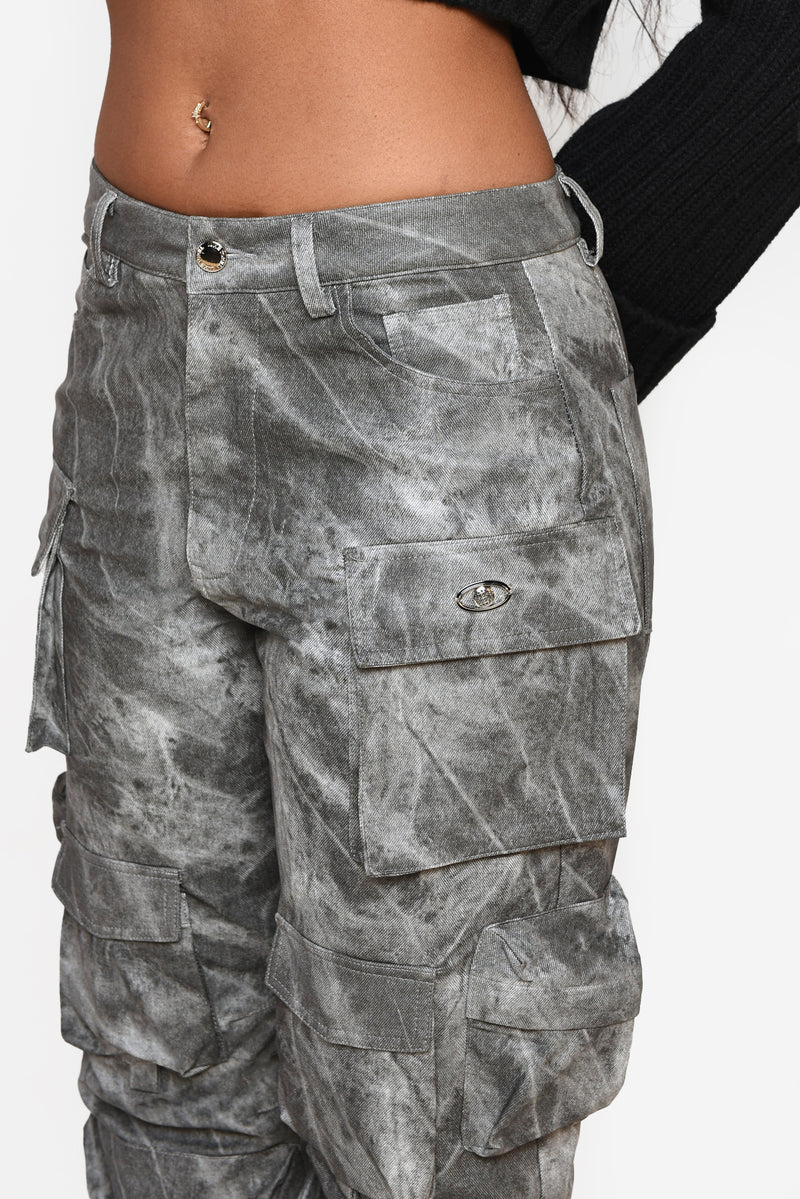 Charcoal Acid Wash Oversized Vegan Leather Cargo Trouser