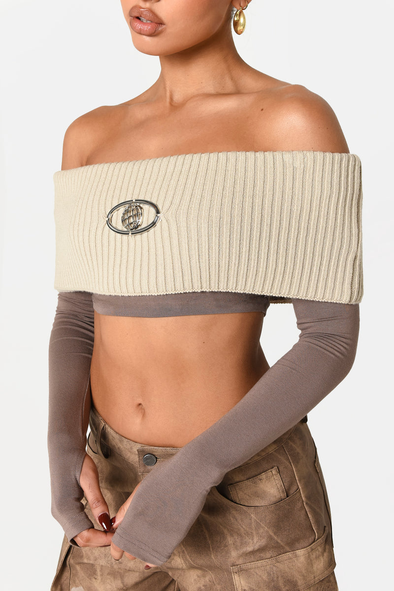 Stone Globe Knit Top With Jersey Sleeves