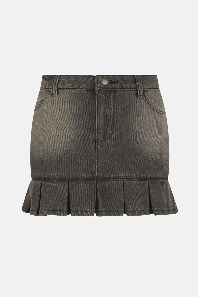 Black Vintage Denim Pleated Mini Skirt