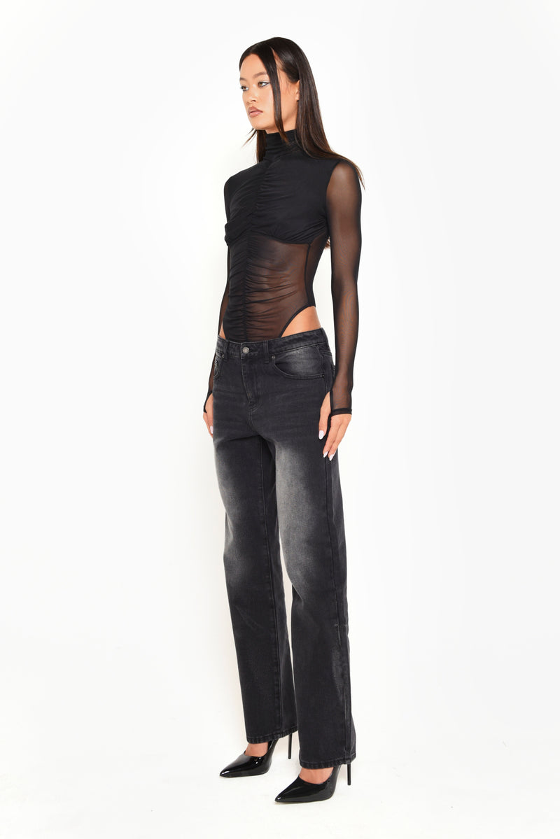 Black Mesh Long Sleeve Bodysuit With Ruching