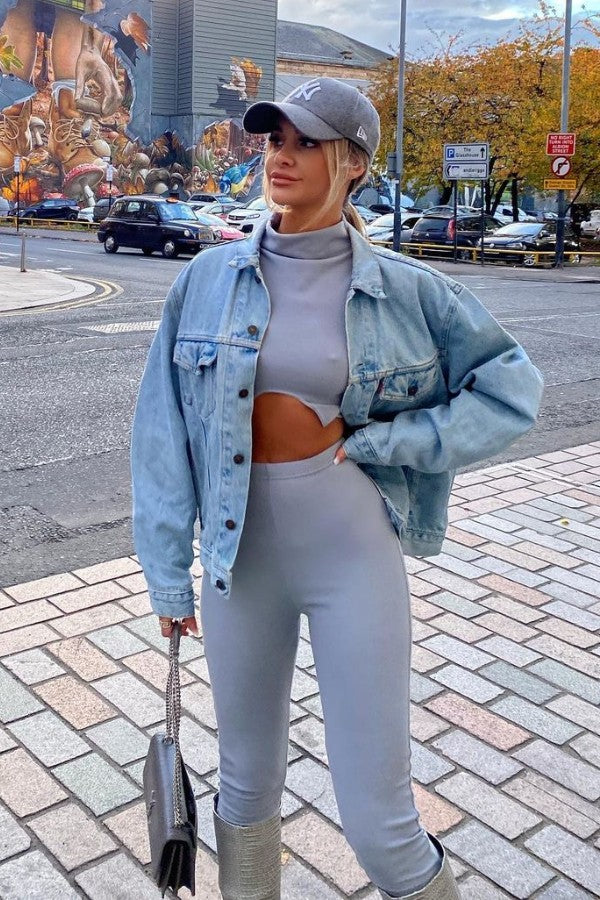 Grey Knitted High Neck Crop Top