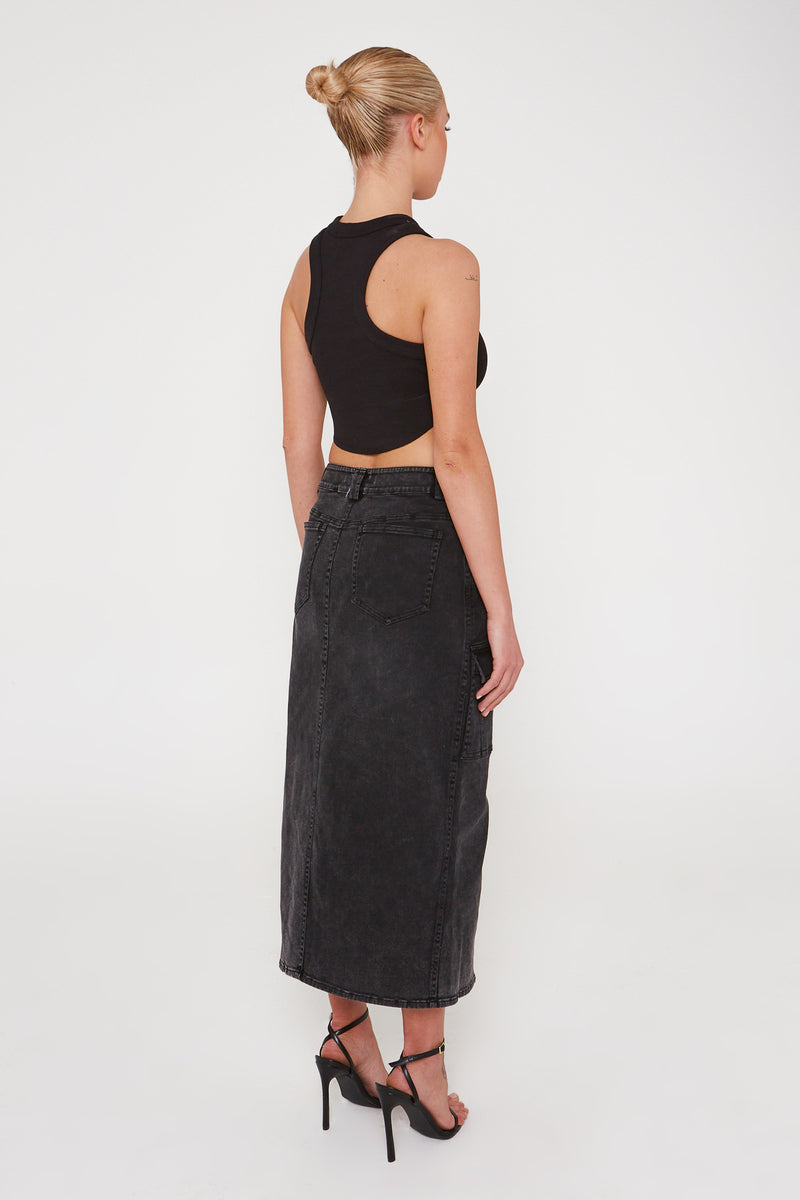 Black Wash Denim Midi Skirt
