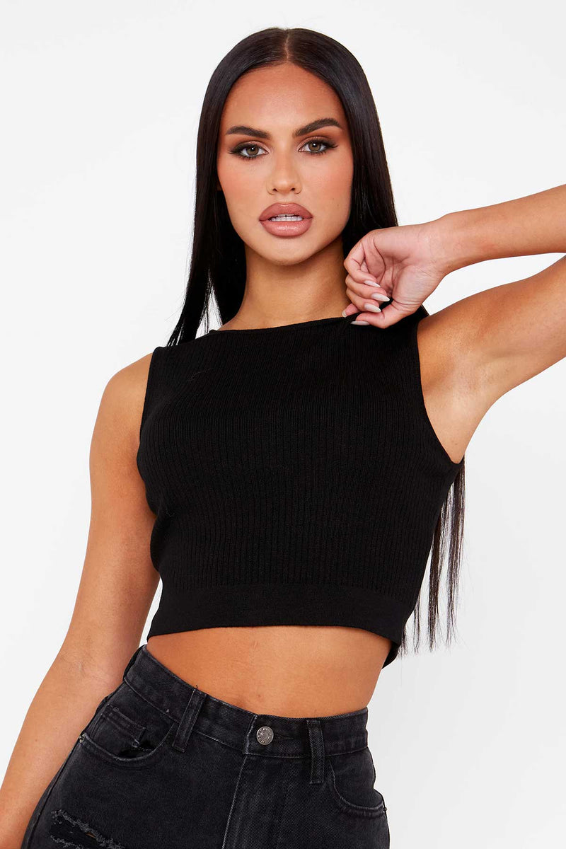 Black Ribbed High Neck Top
