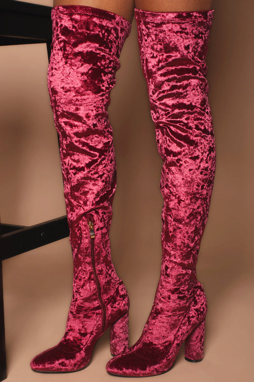 Megan Thigh High Boots in Wine Faux Velvet