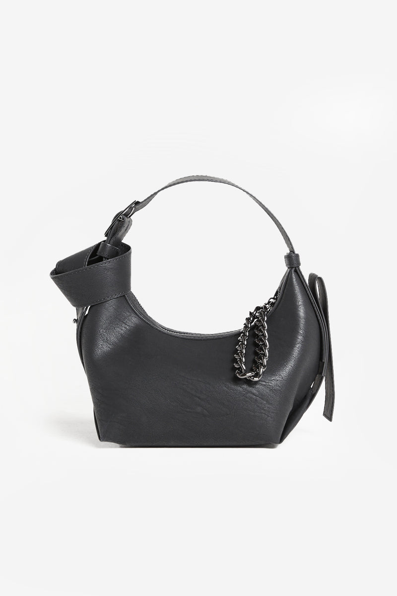 Black Leather Shoulder Bag Zip Street Style Bag with Chain