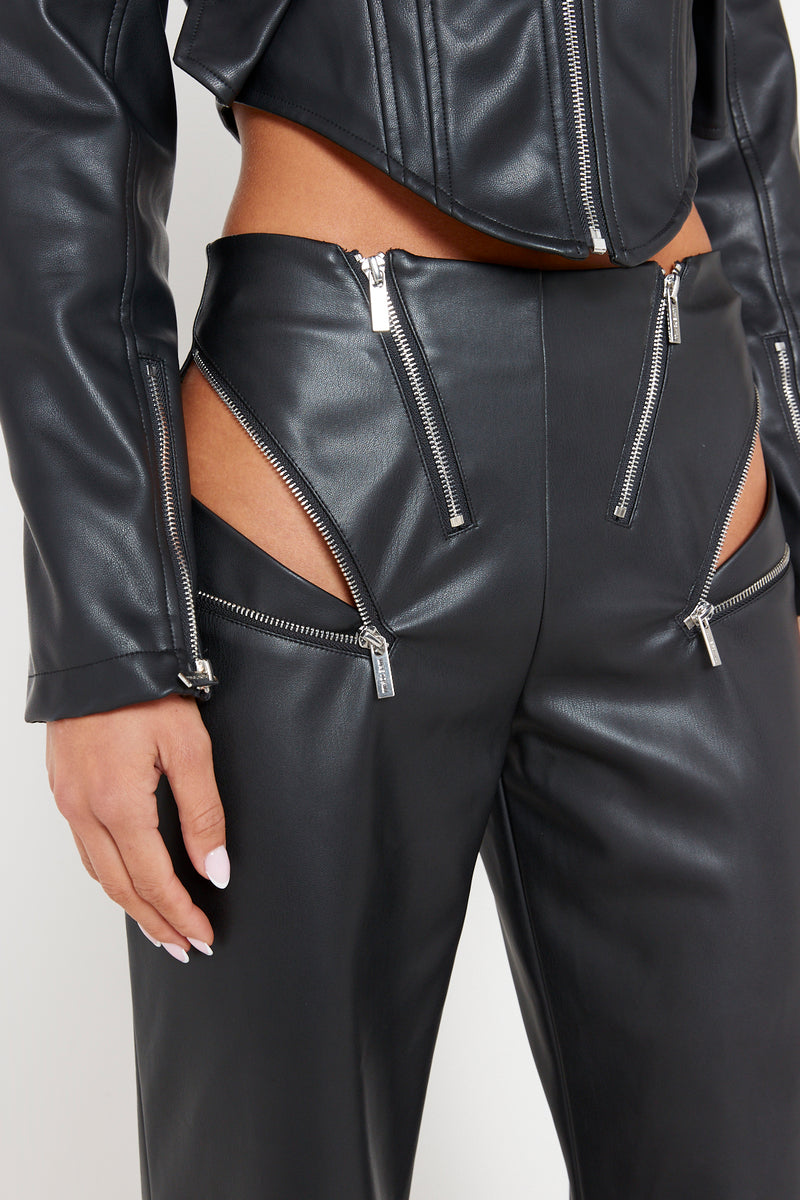 Black Cut Out Detail Leather Pants