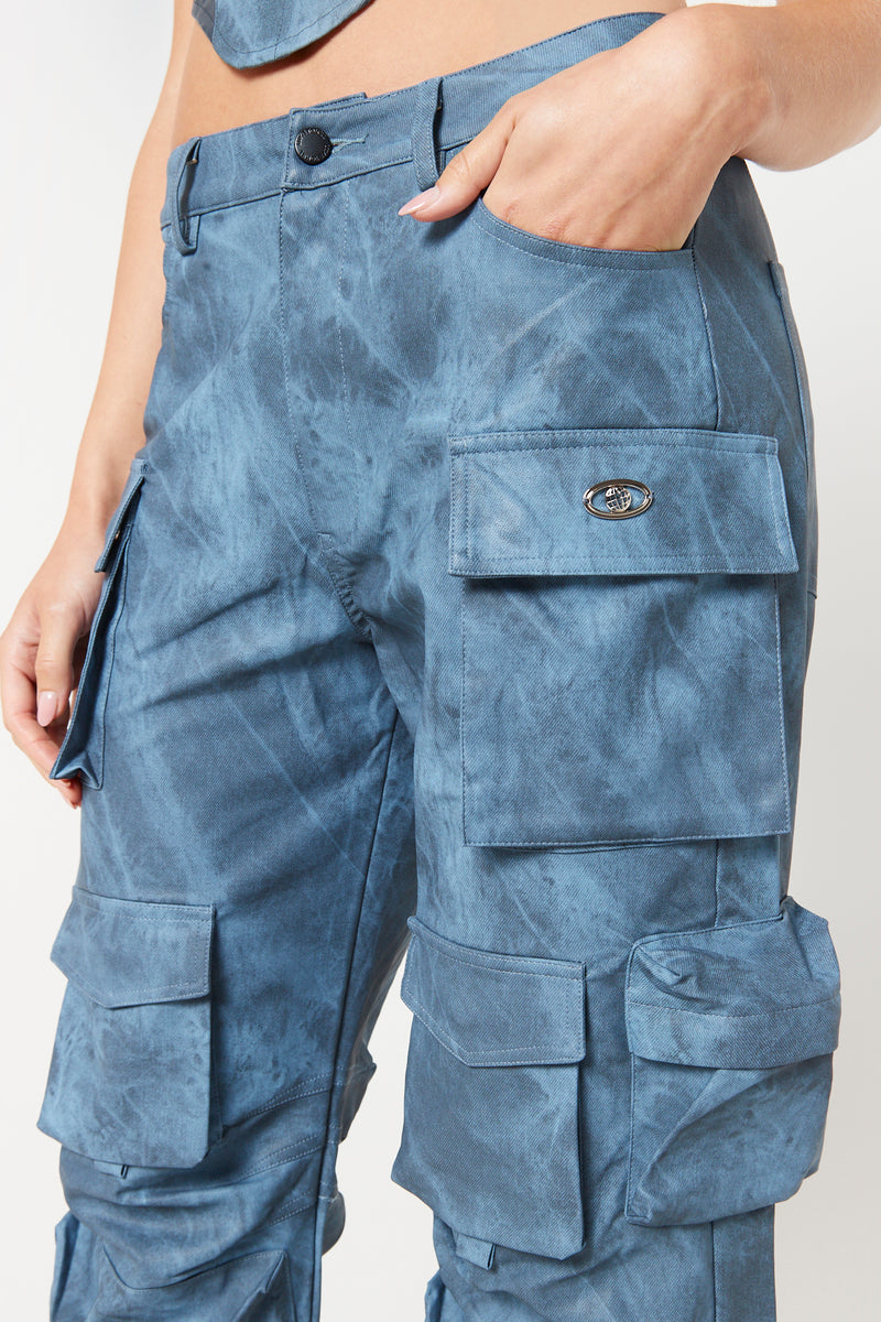 Blue Acid Wash Oversized Vegan Leather Cargo Trouser