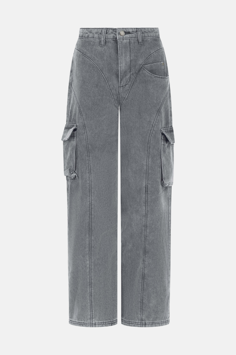 Grey Wash High Waist Cargo Jeans