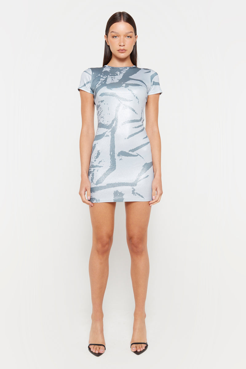Grey Metallic Print Mini Dress