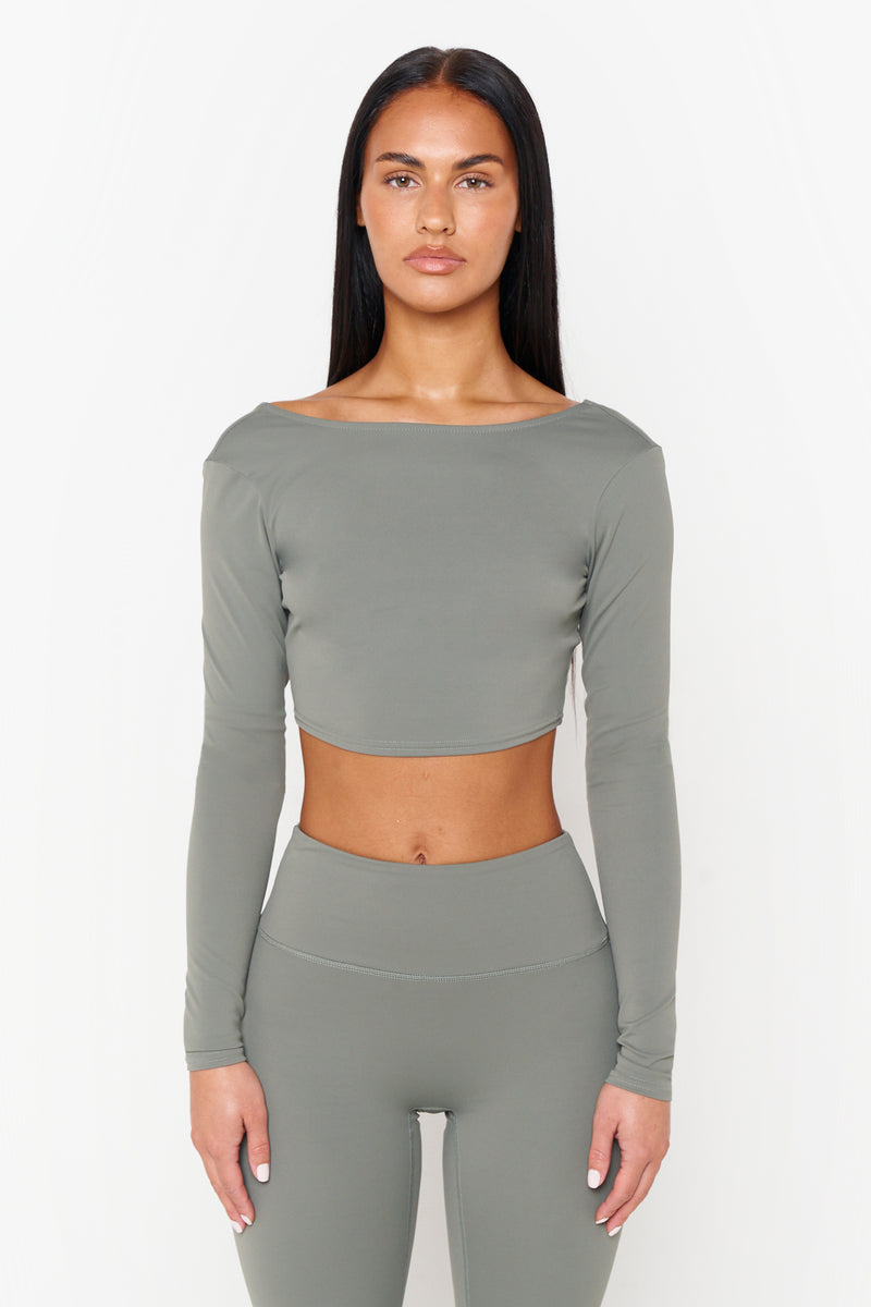 Matcha Green Recycled Open Back Long Sleeve Top
