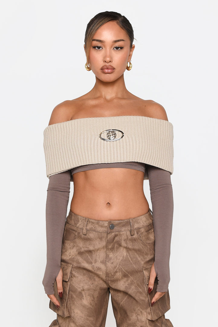 Stone Globe Knit Top With Jersey Sleeves