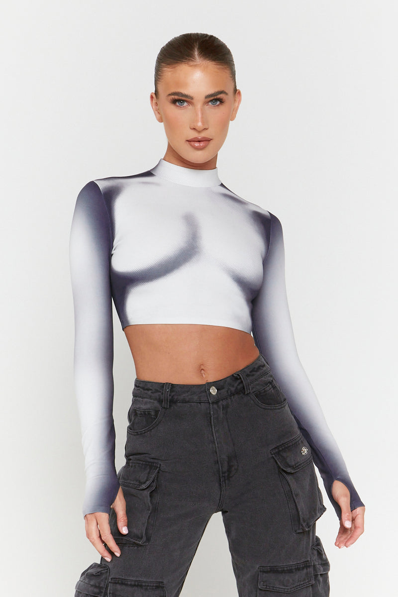 Black & White Thermo Body Print Long Sleeve Crop Top