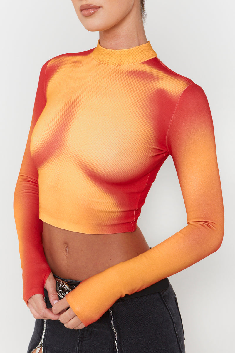 Orange Thermo Body Print Long Sleeve Crop Top