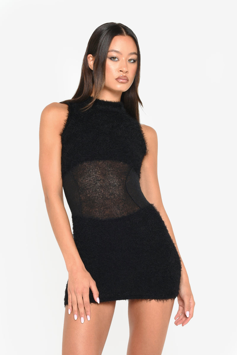 Black Vegan Mohair Mini Dress With Detachable Sleeve