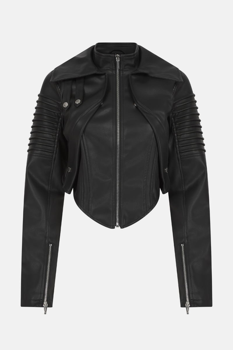 Black Vegan Leather Cropped Biker Jacket
