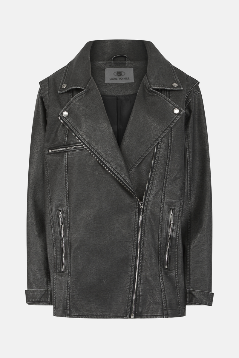 Black Wash Vegan Leather Oversized Biker Jacket