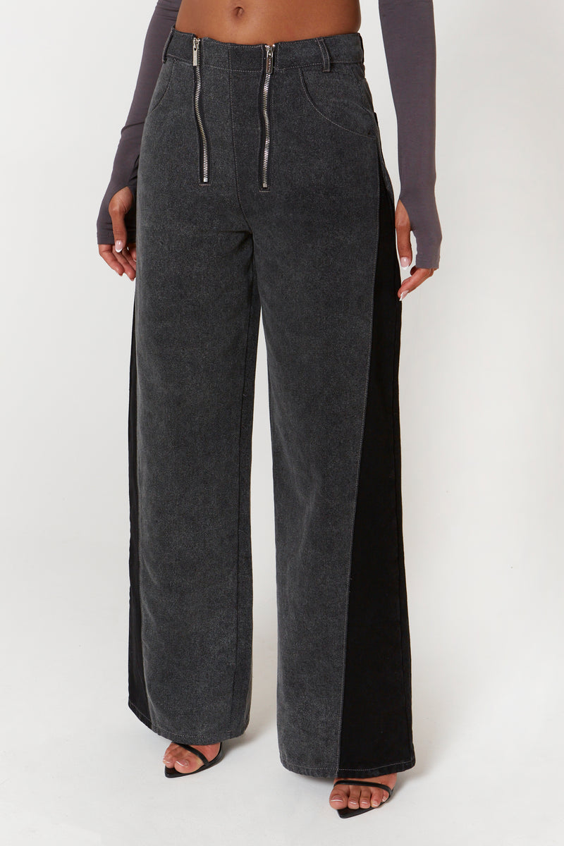 Black Denim Wash V Zip Detail Jeans