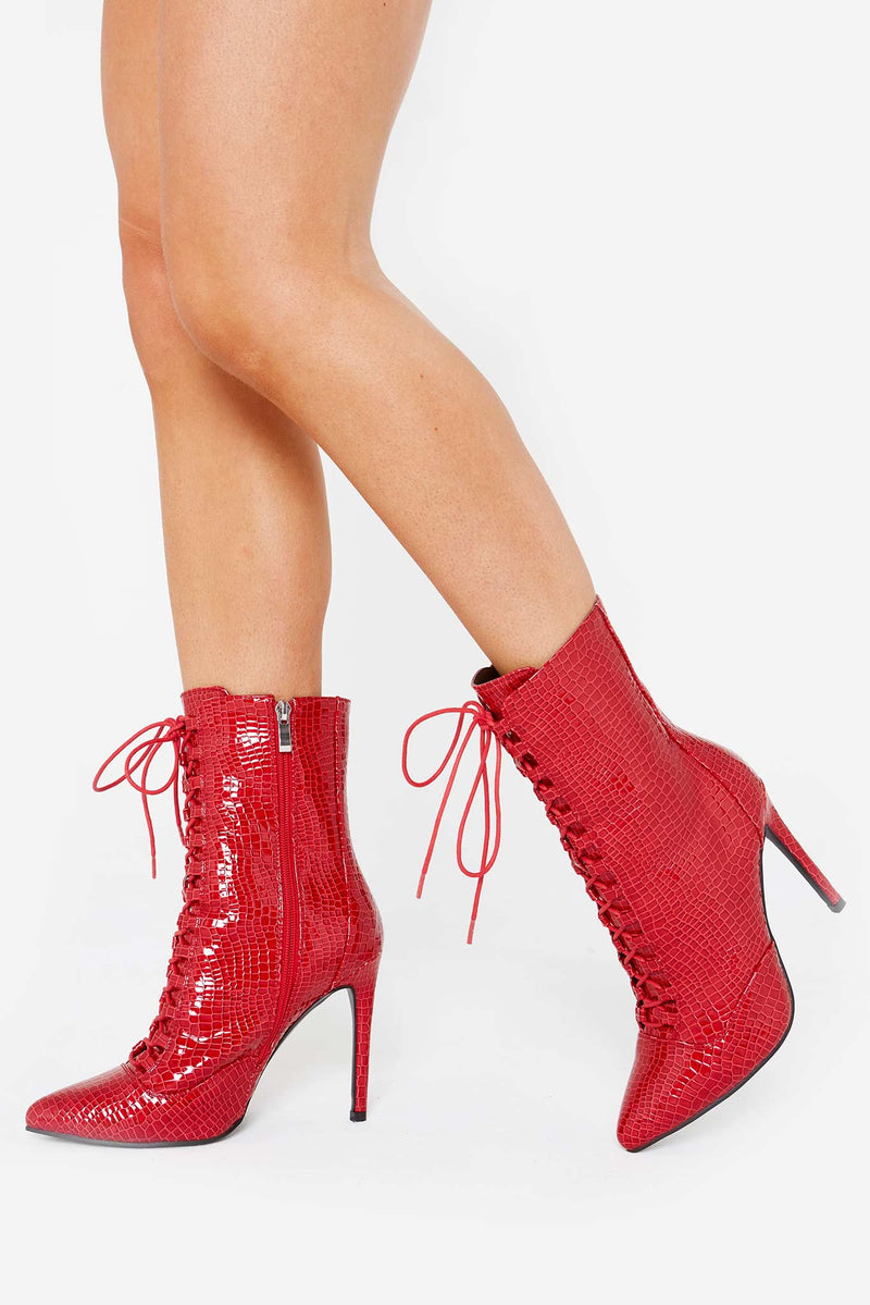 Saleha Ankle Boots In Red Snake Vegan Print
