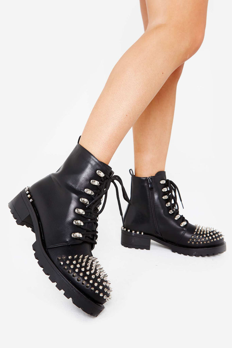 Axel Studded Biker Boots in Black Vegan Leather