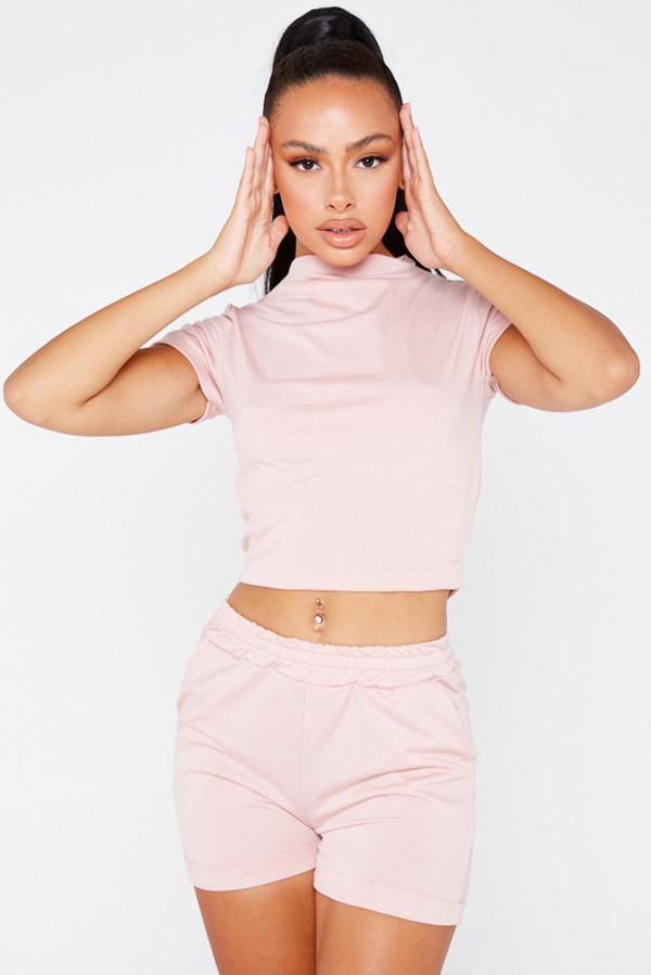 Pink High Neck Top And Shorts Co-Ord