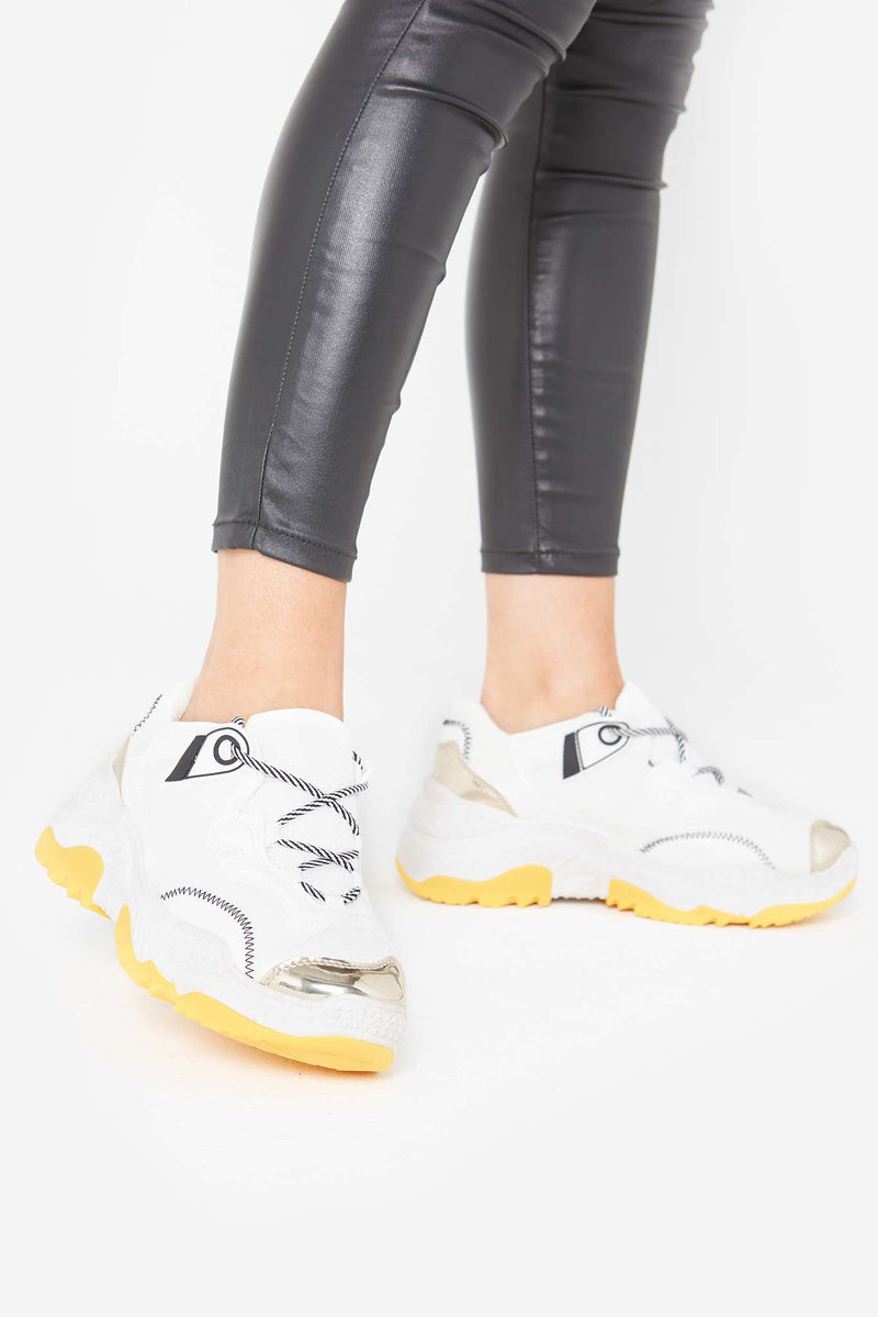 Lia Chunky Lace Up Trainers in White Vegan Leather