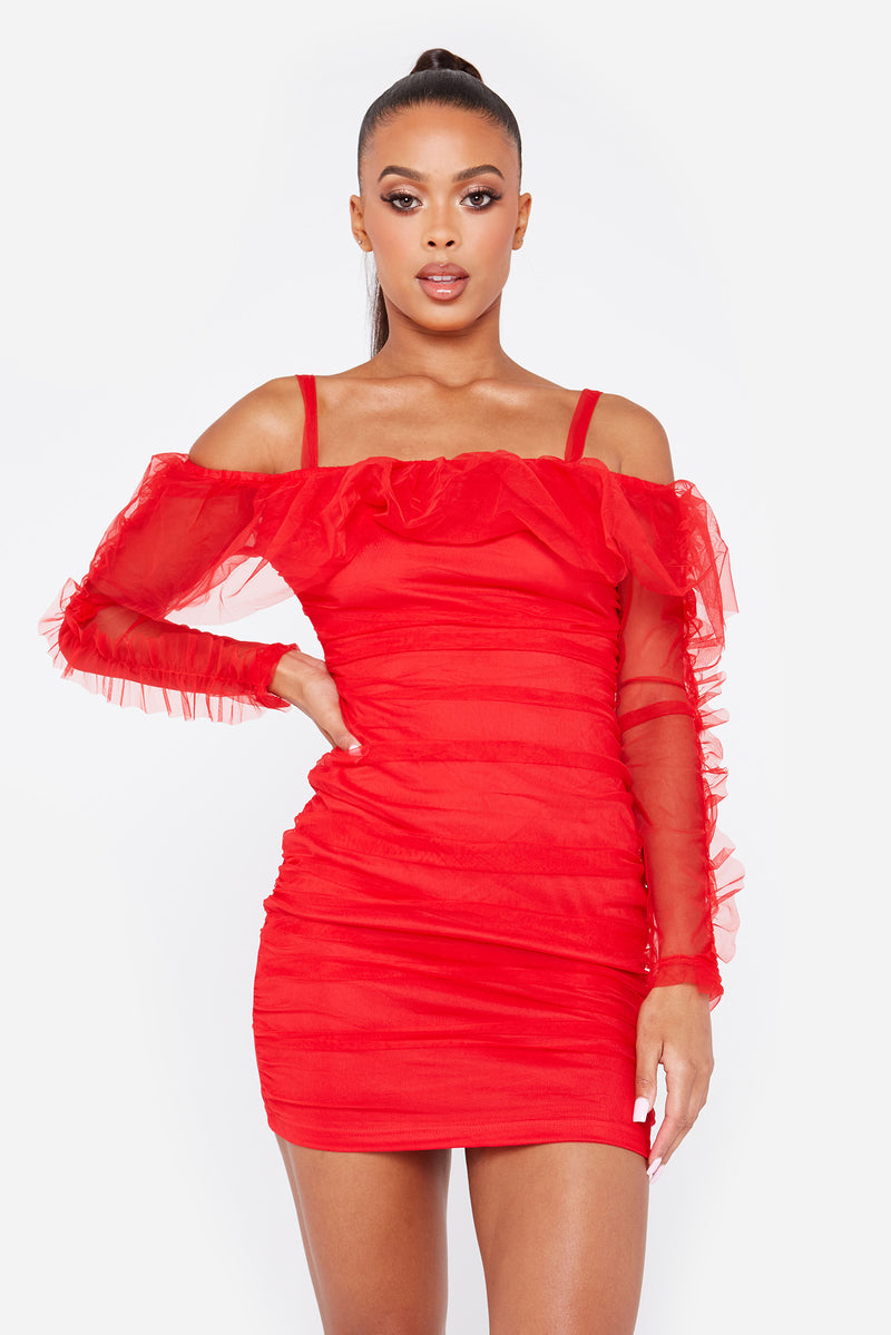 Organza Ruched Mini Dress in Red