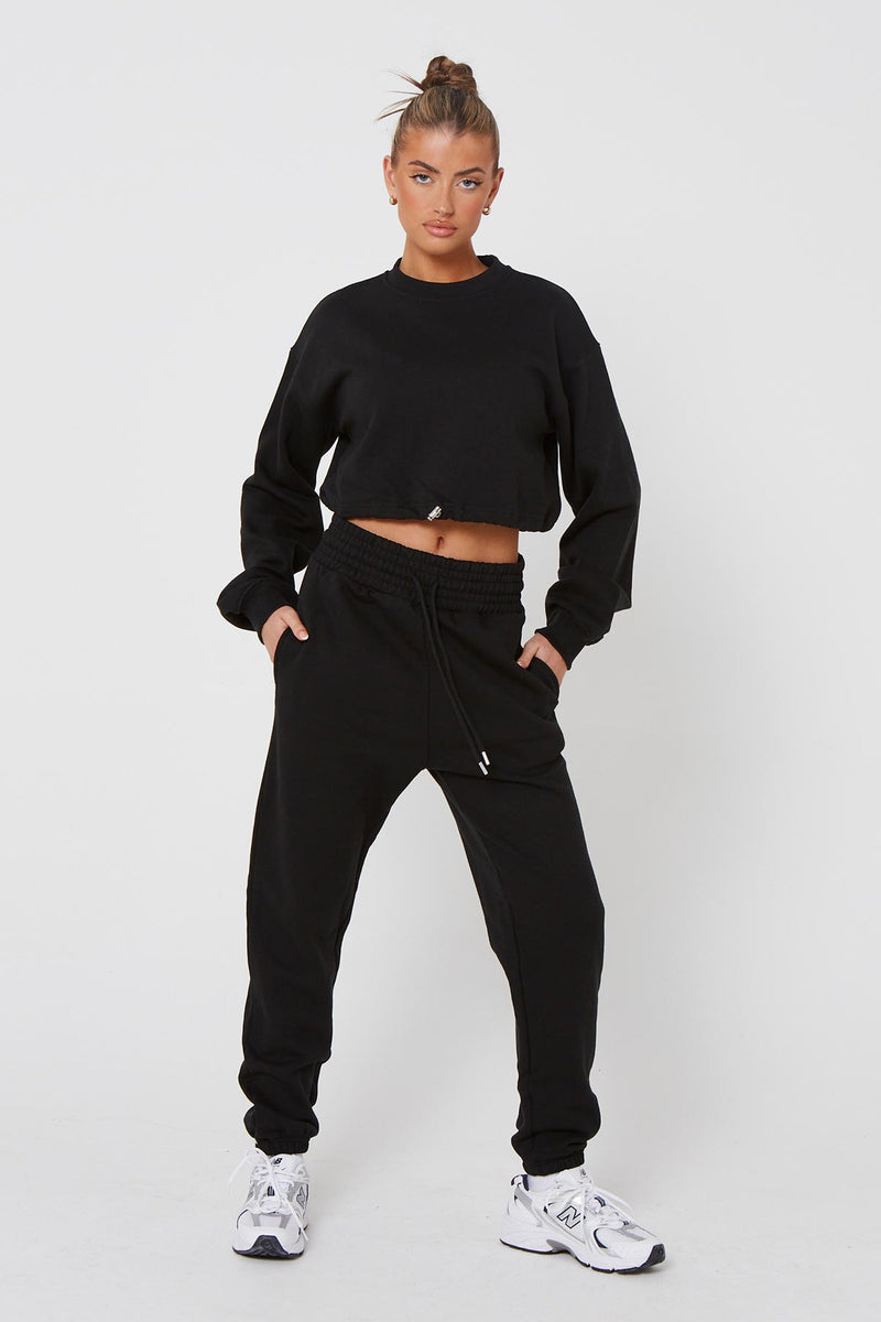 Black Premium Cropped Drawstring Sweater