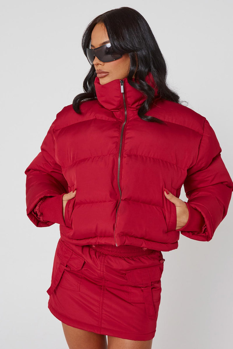 Cherry Red Cropped Puffer Coat