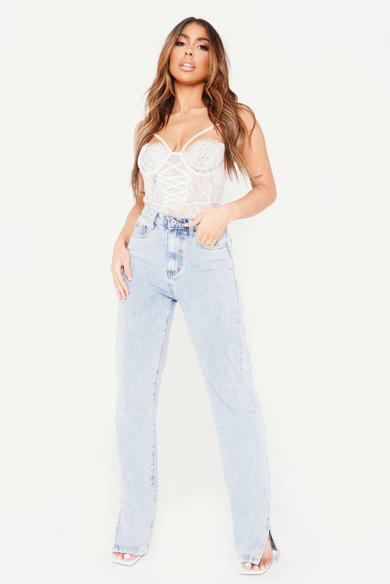 White Lace-Up Strappy Bodysuit