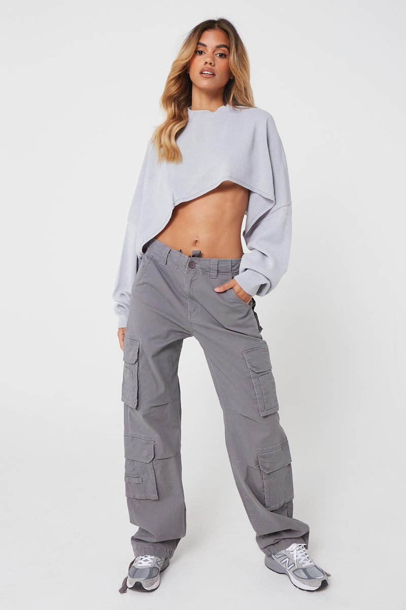 Grey Cropped Batwing Jumper
