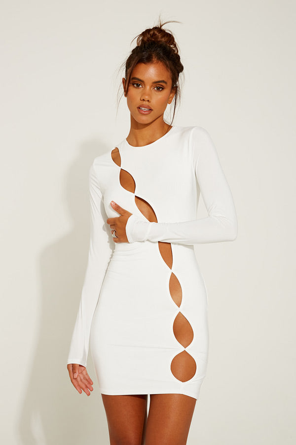 White Long Sleeve Mini Cut Out Dress