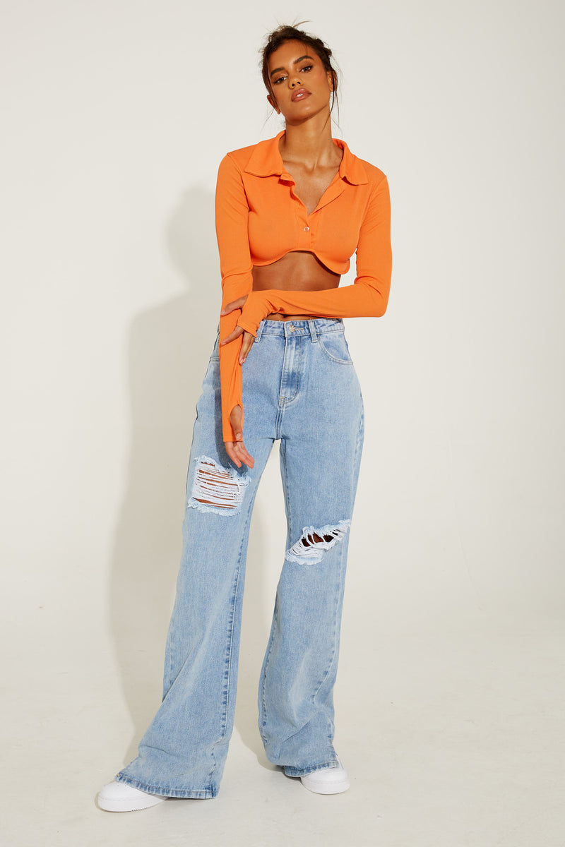 Orange Long Sleeve Curved Button Up Top