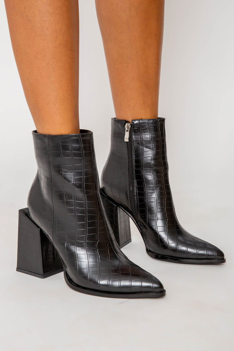 Kirsty Block Heeled Ankle Boots in Black Croc Vegan Leather