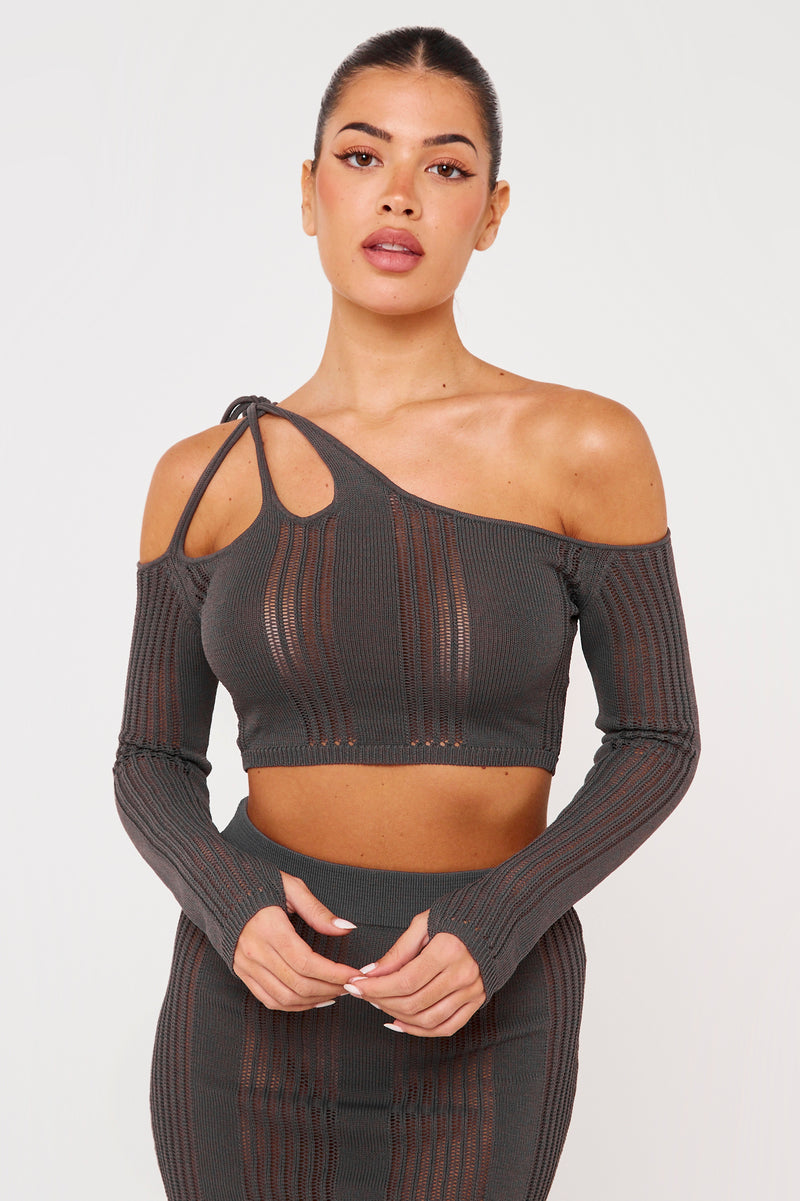 Charcoal One Shoulder Knit Top