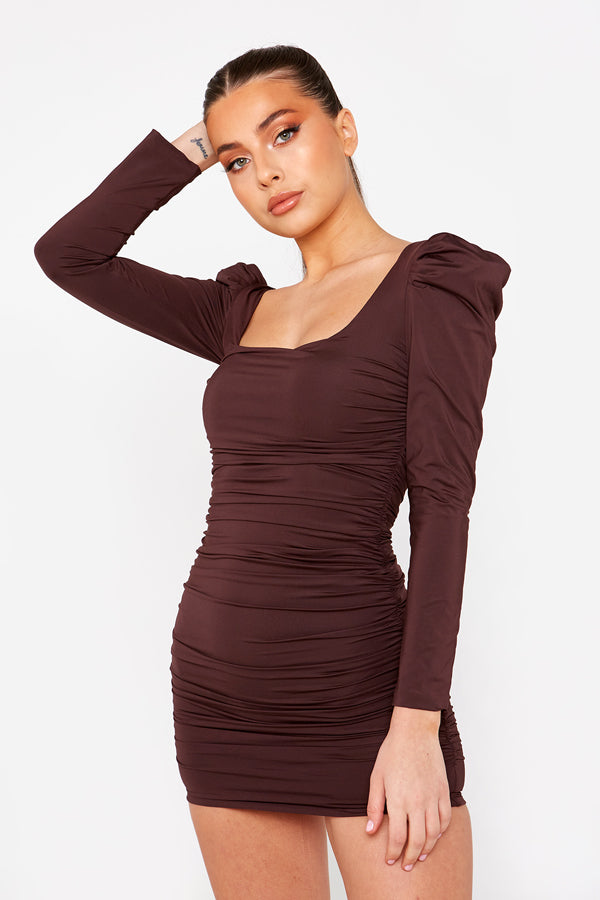 Brown Ruched Long Sleeve Mini Bodycon Dress