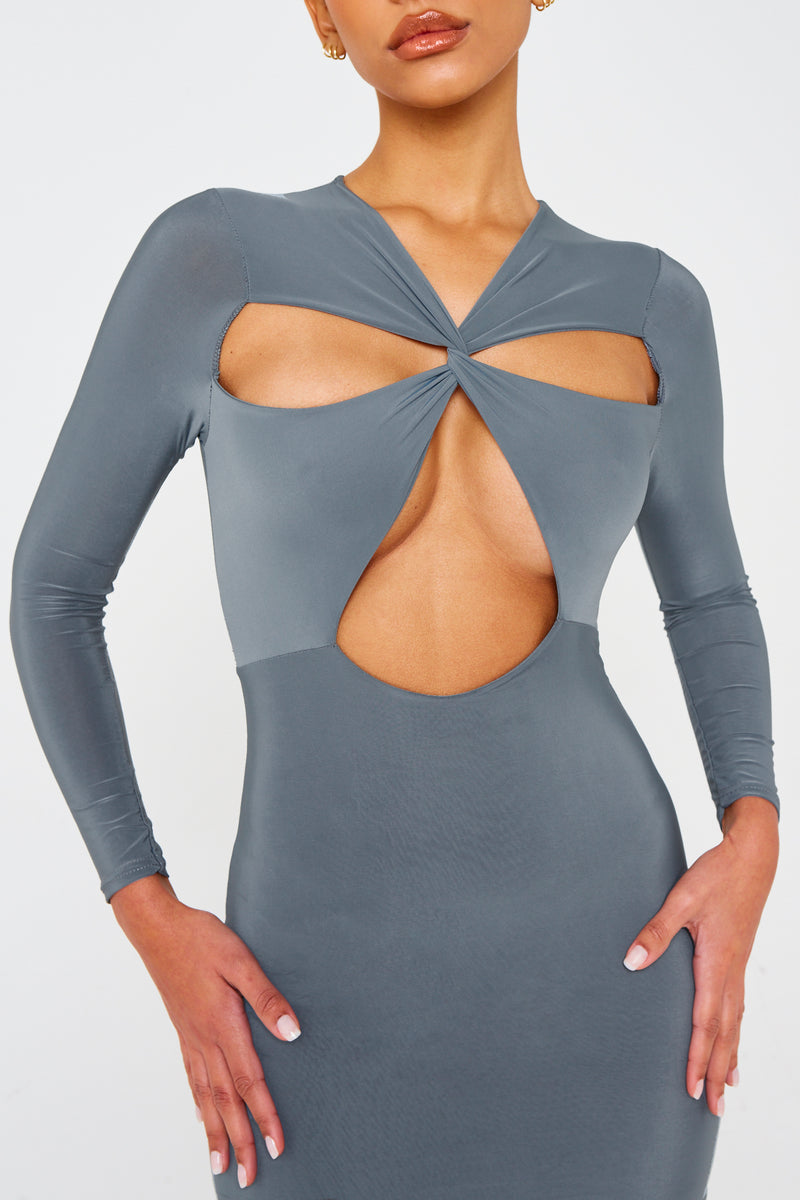 Charcoal Long Sleeve Slinky Cut Out Twist Dress