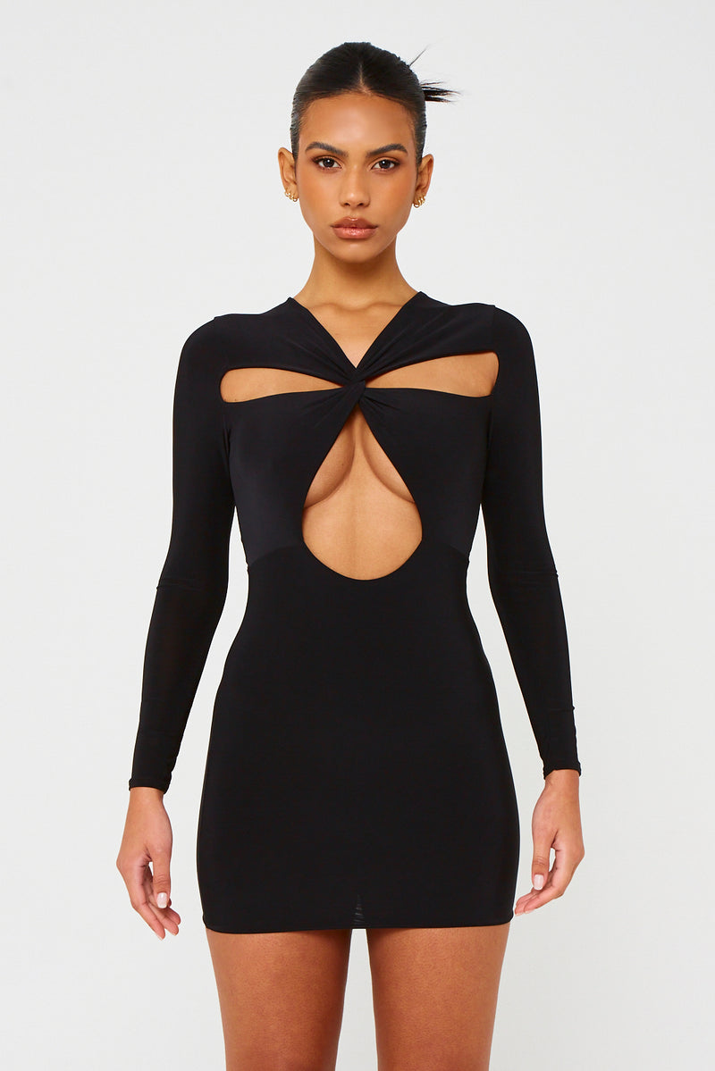 Black Long Sleeve Slinky Cut Out Twist Dress