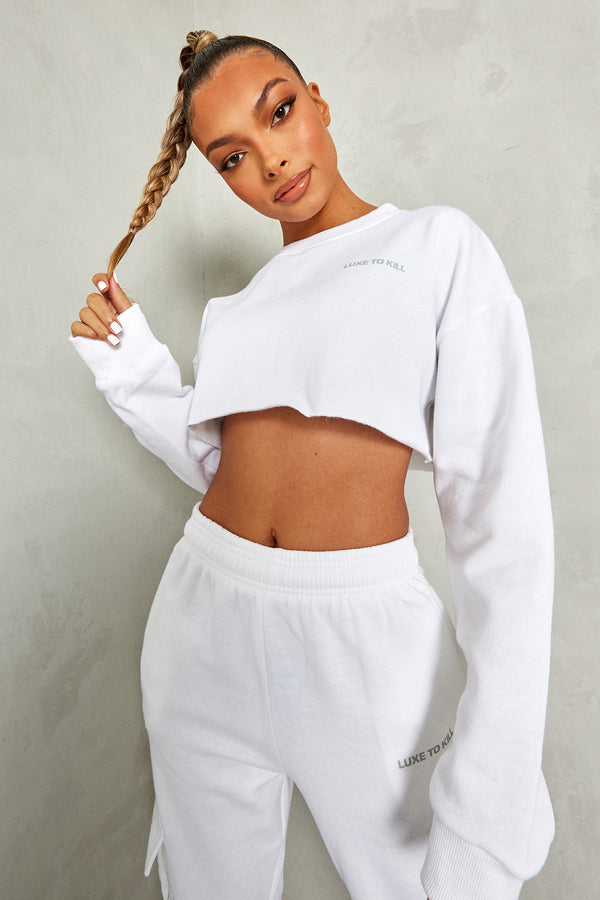 White "Luxe To Kill" Cropped Sweater