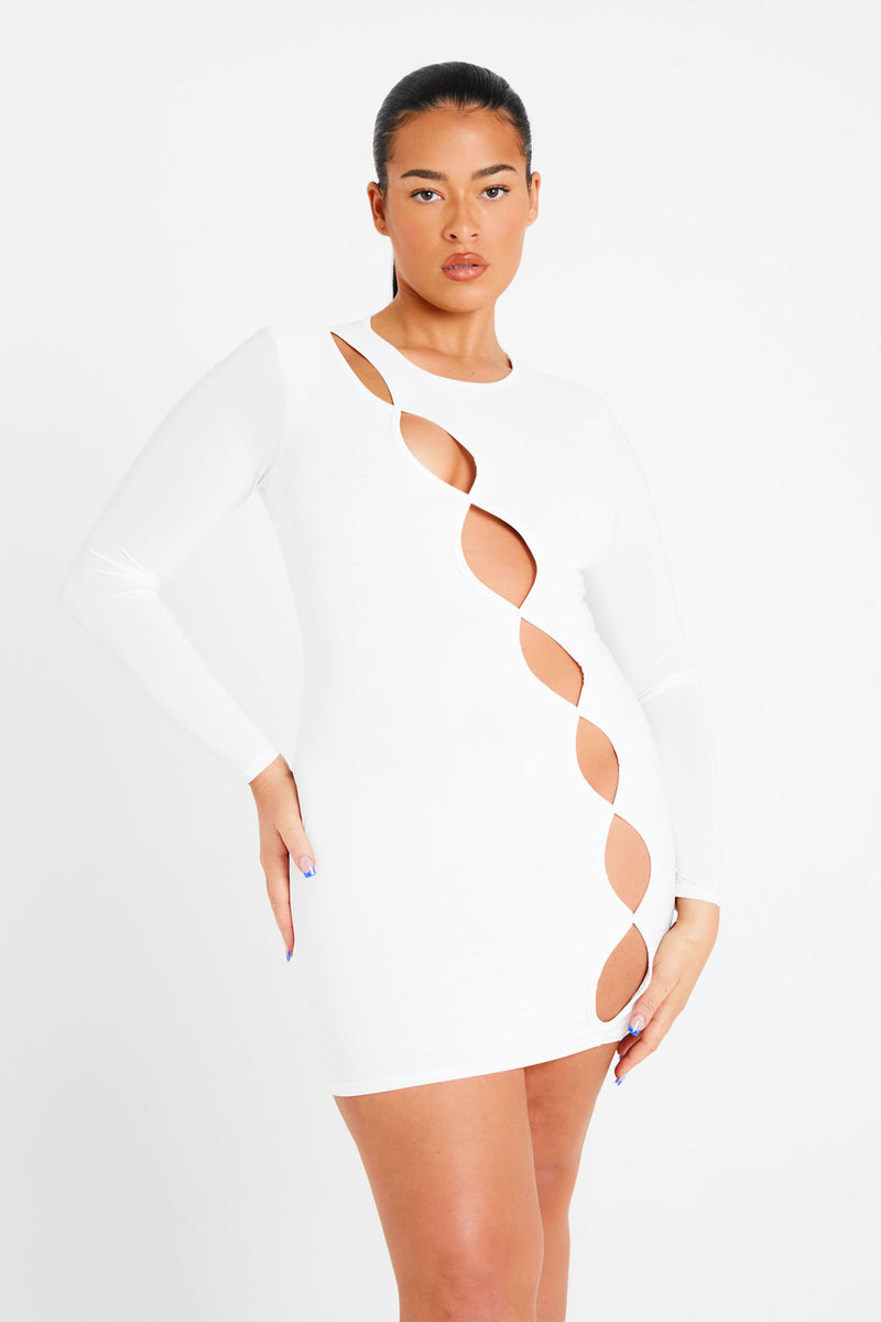 White Long Sleeve Mini Cut Out Dress