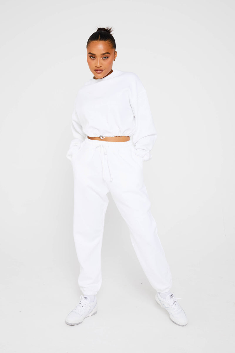 White Premium Cropped Drawstring Sweater