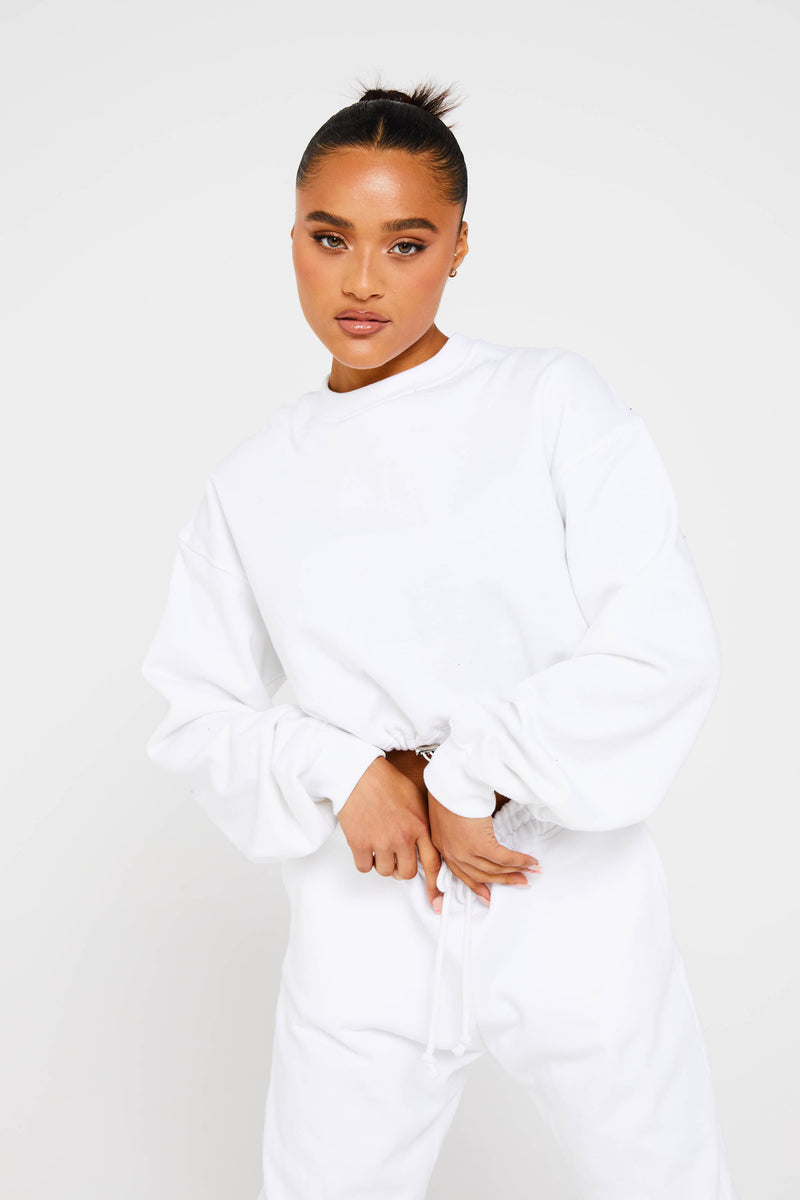White Premium Cropped Drawstring Sweater