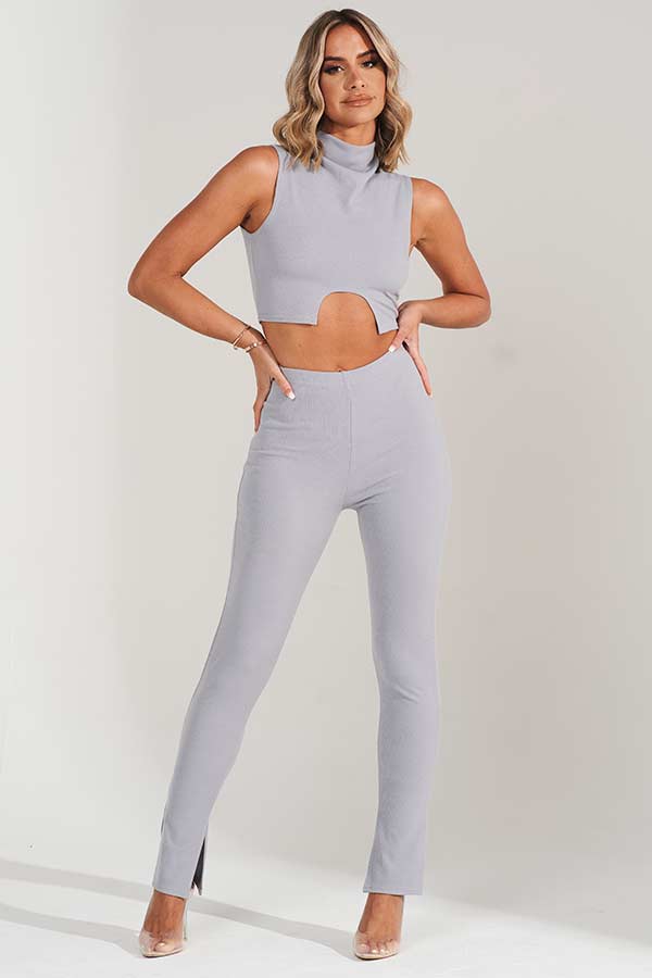 Grey Knitted High Neck Crop Top