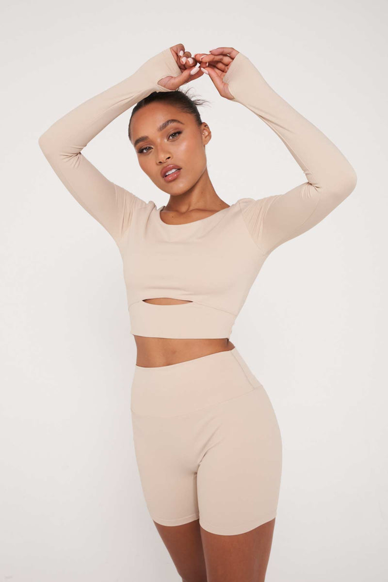 Beige Long Sleeve Cut-Out Front Top