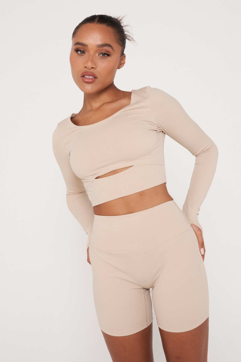 Beige Long Sleeve Cut-Out Front Top