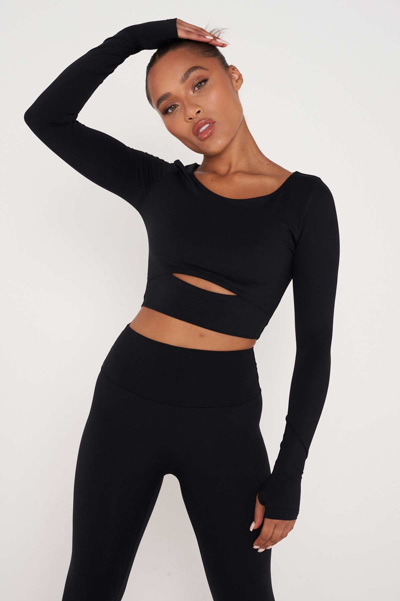 Black Long Sleeve Cut-Out Front Top