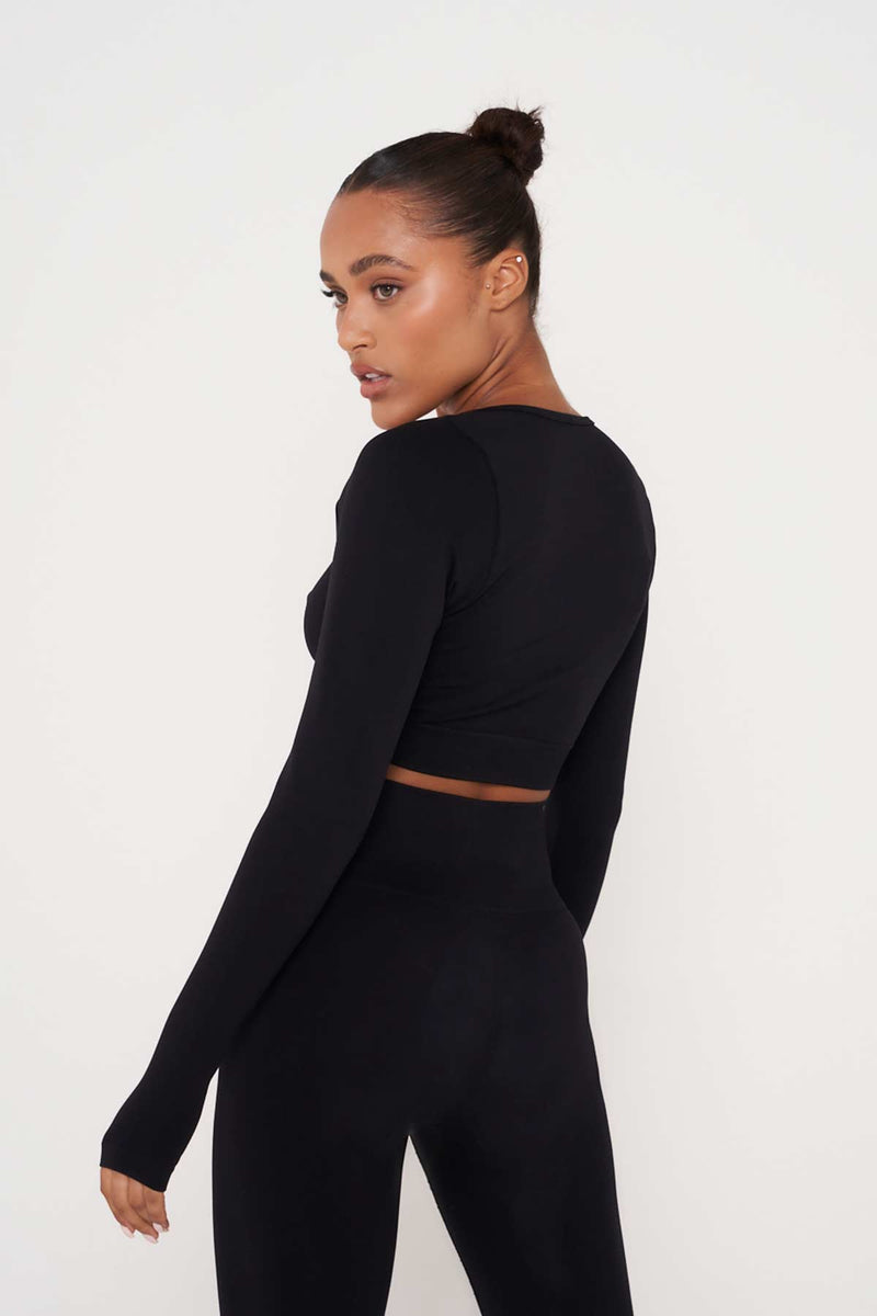 Black Recycled Long Sleeve Square Neckline Crop Top