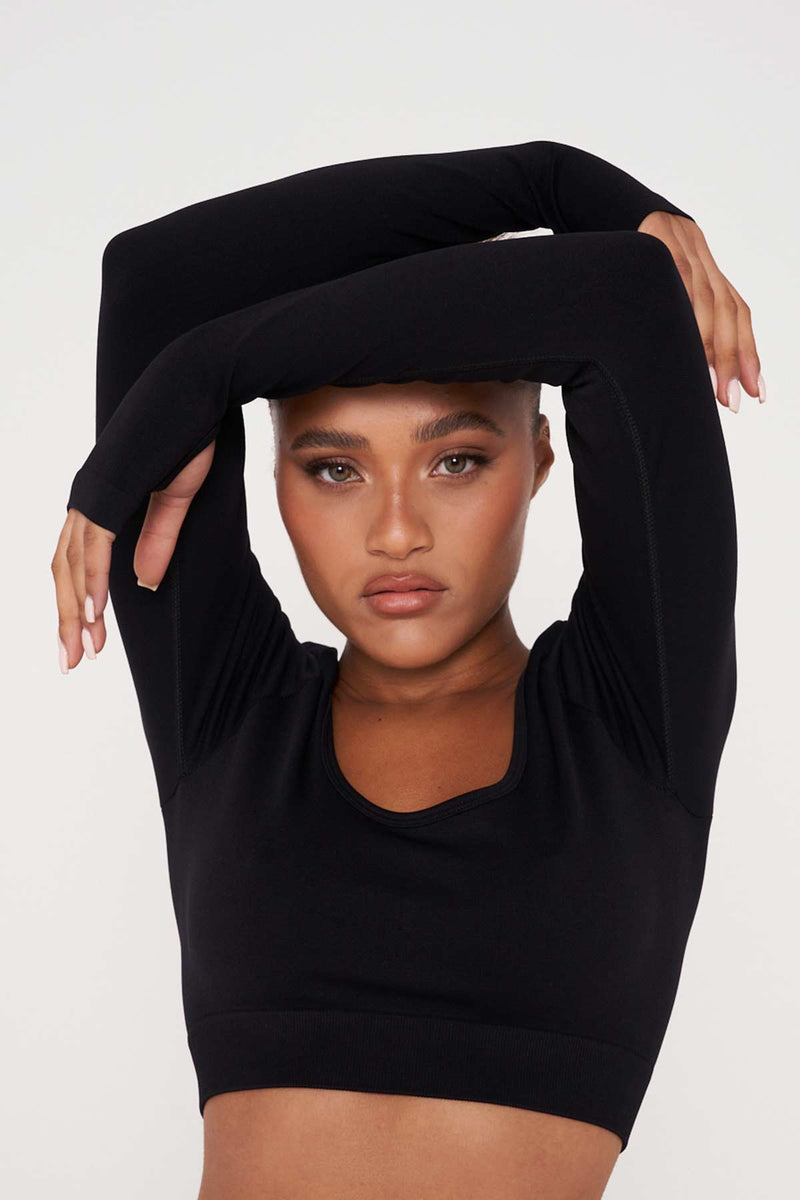 Black Recycled Long Sleeve Square Neckline Crop Top
