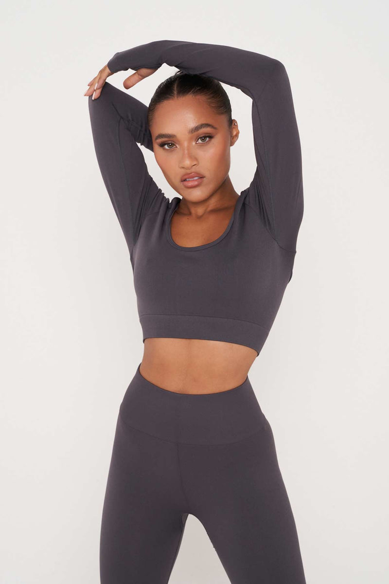 Slate Recycled Long Sleeve Square Crop Top
